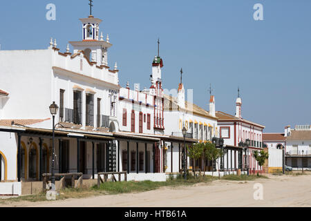 Sand streets and brotherhood dwellings, El Rocio, Huelva Province, Andalucia, Spain, Europe Stock Photo