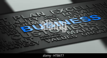 Many business words over black background with reflection and blur effect, focus on the blue word. 3D illustration for corporate communication Stock Photo