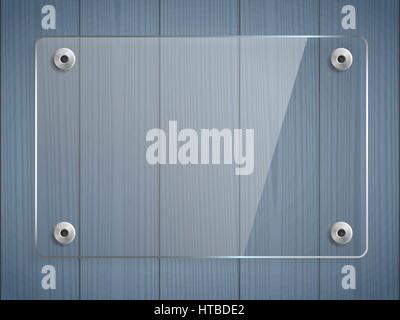 Transparent glass plate mock up. Blue wooden background. See through plastic banner, mounts. Graphic design element. Decorative panel with reflection  Stock Vector
