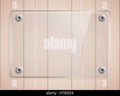 Transparent glass plate mockup. Brown wooden background. Transparent banner, mounts. Decorative graphic element for branding, promotion, showcase. Pla Stock Vector