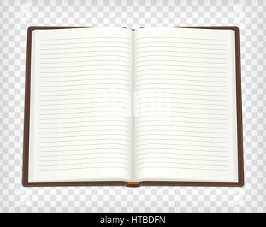 Notebook mockup. Empty agenda, diary or note book with brown cover. Open textbook with lines. Add your text or design. Blank sketchbook mock up. Vecto Stock Vector
