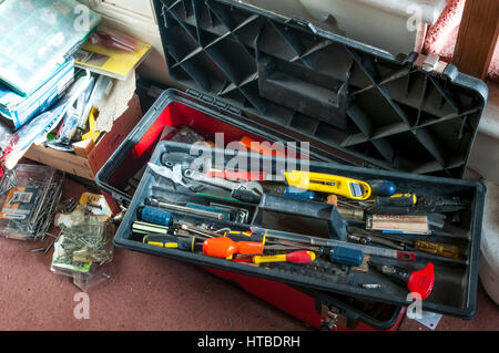 Tools in a toolbox left in the house while Do-It-Yourself work is being carried out. Stock Photo