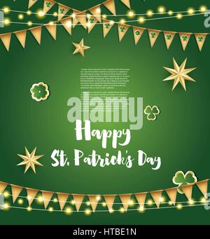 Saint Patrick's Day Background with Golden Flags, Stars and Clover Leaves. Vector Illustration. Stock Vector