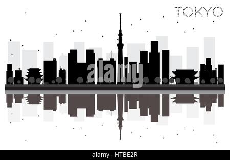 Tokyo City skyline black and white silhouette with Reflections. Vector Illustration. Stock Vector