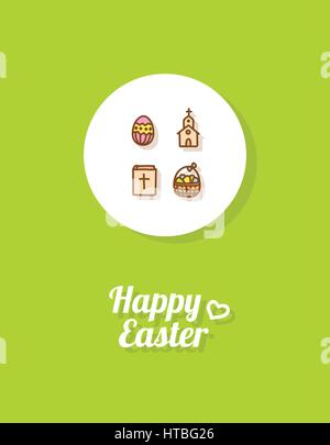 Happy Easter. Greeting card or banner template with hand drawn eggs icon, church, the Holy Bible and Easter basket with a bow. Green background Stock Vector