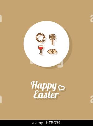 Happy Easter. Greeting card or banner template with hand drawn cross icon, crown of thorns, cup of wine and bread. Brown background Stock Vector
