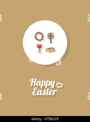 Happy Easter. Greeting card or banner template with hand drawn cross icon, crown of thorns, cup of wine and bread. Brown background Stock Vector