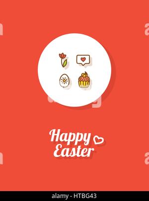 Happy Easter. Greeting card or banner template with hand drawn egg icon, tulip, Easter cake and greeting message. Bright red background Stock Vector