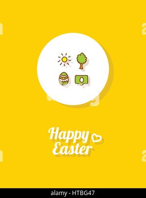 Happy Easter. Greeting card or banner template with hand drawn egg icon, the Sun, tree and greeting message. Yellow background Stock Vector