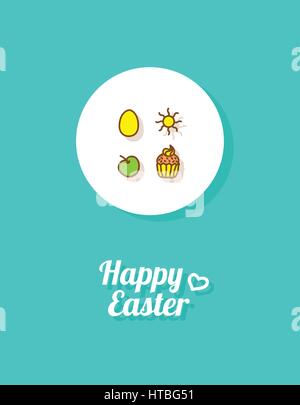 Happy Easter. Greeting card or banner template with hand drawn golden egg icon, the Sun, apple and Easter cake. Bright celestial blue background Stock Vector