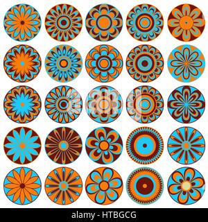 Set of twenty five symmetrical stylized vector flowers in blue, orange and brown colors isolated on the white background Stock Vector