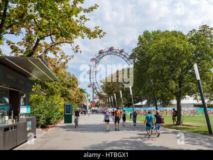 Vienna, Prater. Entrance to the Prater amusement park looking towards the Wiener Riesenrad (Ferris Wheel), Vienna, Austria. Stock Photo