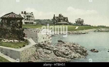 Postcard featuring homes built at Ochre Point as seen from the cliff walk, Newport, Rhode Island, 1904. From the New York Public Library. Stock Photo