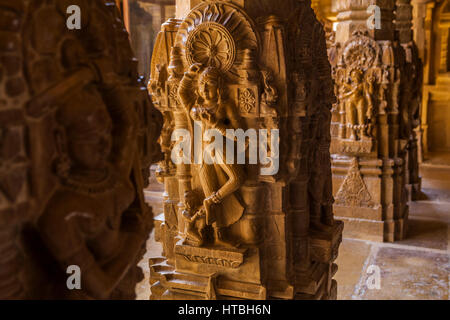 Beautifully carved stone pillars in a Jain temple within Jaisalmer Fort, India. Stock Photo