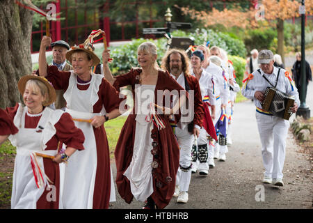 Morris dancers (including the bride and groom) dancing at wedding celebrations Stock Photo