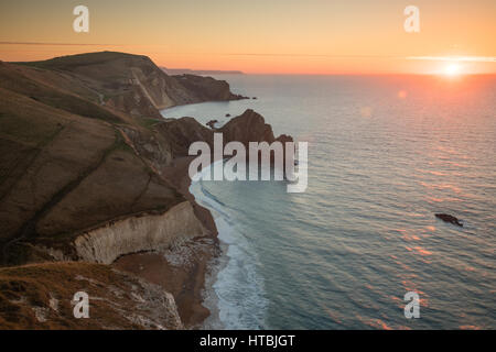 Durdle Door and St Oswald's Bay from Swyre Head at dawn, Purbeck, Jurassic Coast, Dorset, England, UK