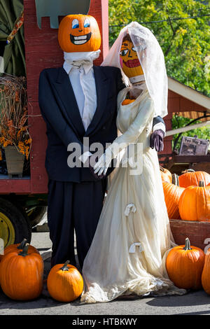 Halloween decoration, dressed up mannequins as a married couple with painted pumpkin heads surrounded by pumpkins; British Columbia, Canada Stock Photo