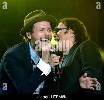Italian singer Jovanotti and Renato Zero performed live at Campovolo in Reggio Emilia,  22 sep 2012 Stock Photo