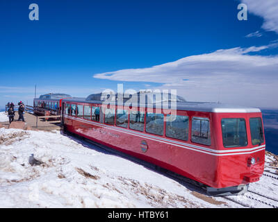 Train at the top of Pikes Peak, Manitou and Pike's Peak Cog Railway, Colorado. Stock Photo