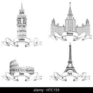 European cities symbols sketch: Paris (Eiffel Tower), London (Big Ben, Westminster Abbey, London), Rome (Colosseum), Moscow (Lomonosov Moscow State Un Stock Vector