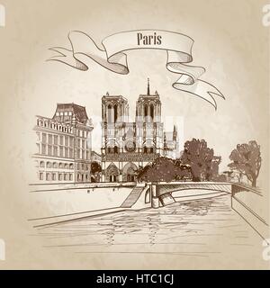 Notre Dame de Paris cathedral, France. Hand drawing vector illustration isolated on old paper background. Stock Vector