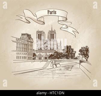 Notre Dame de Paris cathedral, France. Hand drawing vector illustration isolated on old paper background. Stock Vector