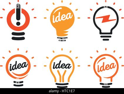 Stylized set of vector lightbulbs, collection colorful logotypes. New idea symbols, flat bright cartoon bulbs. White and orange colors sign. Idea icon, circle logo. Stock Vector