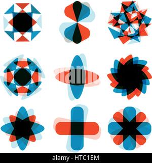 Design abstract shapes logo element. Blue and red crushing round rectangle. Colorful cross icons set. Stock Vector