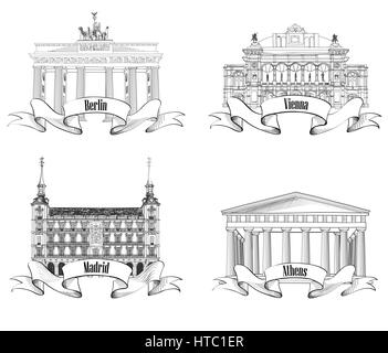 European city: Athens, Berlin, Madrid, Vienna. Landmarks Label Set. Travel Europe Symbol Collection: Germany, Spain, Austria, Greece. Stock Vector