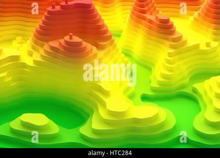 3D illustration. Topographical map of an island. Elevation in colors from blue to red.