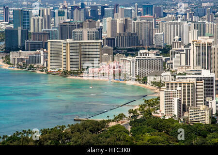 A stunning view of the skyscrapers in Waikiki, Oahu, Hawaii, from the Diamond Head crater. Stock Photo