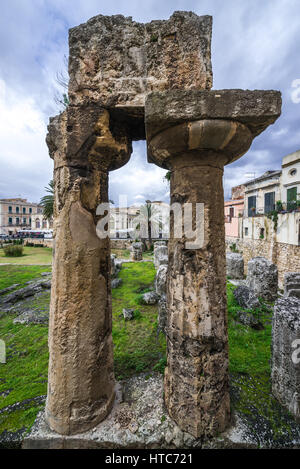 6th century BC ruins of ancient Greek Temple of Apollo on the Ortygia island, historical part of Syracuse city, southeast of Sicily Island, Italy Stock Photo