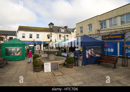 Camborne town centre Commercial Square outdoor market stalls, Cornwall England UK. Stock Photo