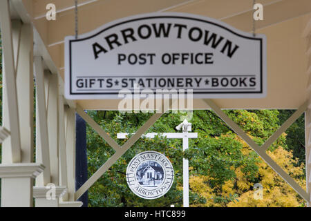 Arrowtown, Otago, New Zealand. Signs outside the Postmasters Restaurant and Arrowtown Post Office, Buckingham Street. Stock Photo