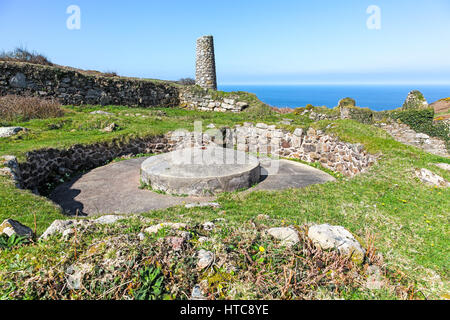 Porthmeor Tin stamps with its well-preserved buddle system of water wheel pits and circular ore washing sites Stock Photo