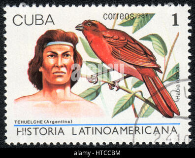 A postage stamp printed in Cuba  shows image of a  tehuelche (Argentina) and habia rubica, from series Historia Latinoavericana, circa 1987 Stock Photo