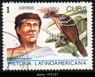 A postage stamp printed in Cuba shows image of a  calarca (Colombia) and opisthocomus hoazin, from series Historia Latinoavericana, circa 1987 Stock Photo