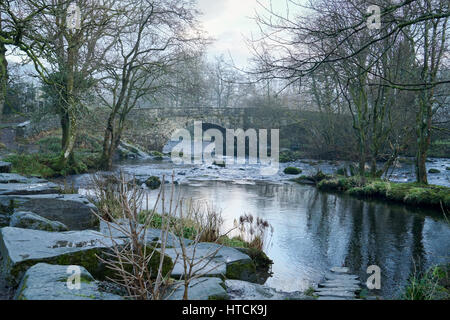 Skelwith Bridge over the River Brathay, Lake District in winter, by Chesters by the River Stock Photo