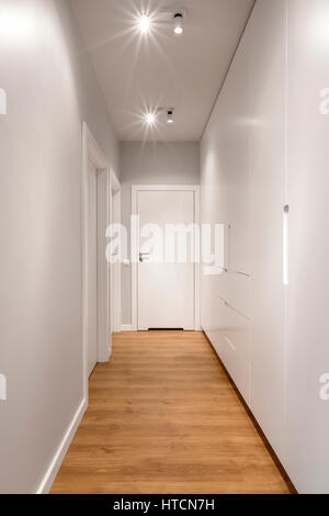Long home corridor with several doors and spacious wardrobe Stock Photo