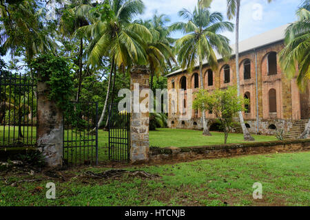 The grounds and an abandoned building of the early 1900's French penal colony on Devil's Island. Stock Photo