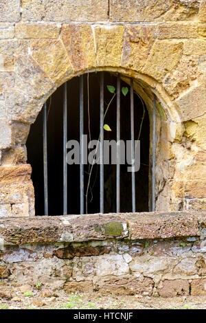 Bars on a window in one of the old prison buildings. This was a French penal colony in the early 1900's. Stock Photo