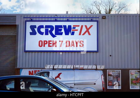 Basingstoke, UK - March 9th 2017: Exterior of the Screwfix Trade and DIY hardware superstore Stock Photo