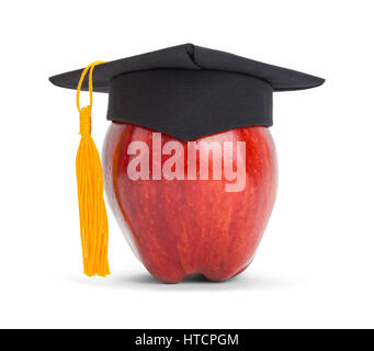 Apple with Graduation Hat and Gold Tassel Isolated on White. Stock Photo