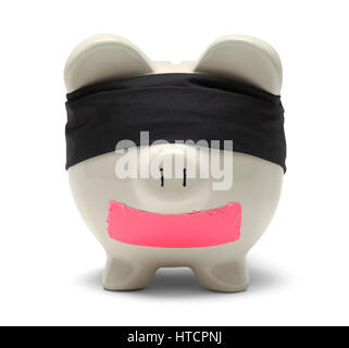 Blind Folded Piggy Bank Hostage Isolated on White. Stock Photo