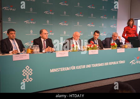 Berlin, Germany. 9th Mar, 2017. Nabi Avci, Minister of Culture and Tourism of Turkey, attends a press conference at the ITB international travel trade show in Berlin, Germany. Credit: Markku Rainer Peltonen/Alamy Live News Stock Photo