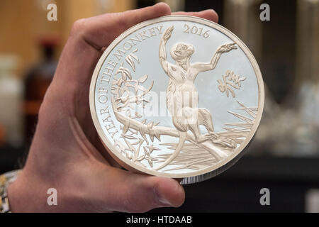 London, UK. 9th Mar, 2017. As well as standard 20p, 50p, £1, and £2 coins, the London Assay office also tests commemorative coins. Pictured here a Silver Proof Kilo Coin with a retail value over £2,000 Credit: Guy Corbishley/Alamy Live News Stock Photo