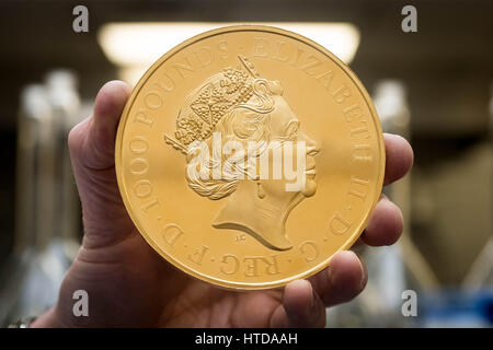 London, UK. 9th Mar, 2017. As well as standard 20p, 50p, £1, and £2 coins, the London Assay office also tests commemorative coins. Pictured here a Gold Proof Kilo Coin with a retail value over £45,000 Credit: Guy Corbishley/Alamy Live News Stock Photo