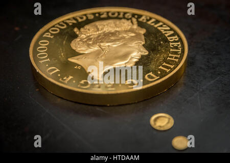 London, UK. 9th Mar, 2017. As well as standard 20p, 50p, £1, and £2 coins, the London Assay office also tests commemorative coins. Pictured here a Gold Proof Kilo Coin with a retail value over £45,000 Credit: Guy Corbishley/Alamy Live News Stock Photo