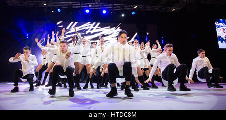 London, UK. 10 March 2017. Performers College perform on stage at MOVE IT, the UK's biggest dance event. MOVE IT runs from 10 to 12 March 2017 at the Excel Exhibition Centre. Credit: Vibrant Pictures/Alamy Live News Stock Photo