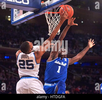 New York, New York, USA. 10th Mar, 2017. Seton Hall's forward Michael Nzei#1 blocks Villanova's guard/forward Mikal Bridges #25 shot in the first half during Semifinal round Big East Tournament play at Madison Square Garden in New York City. Duncan Williams/CSM/Ģ����ý Live News Stock Photo